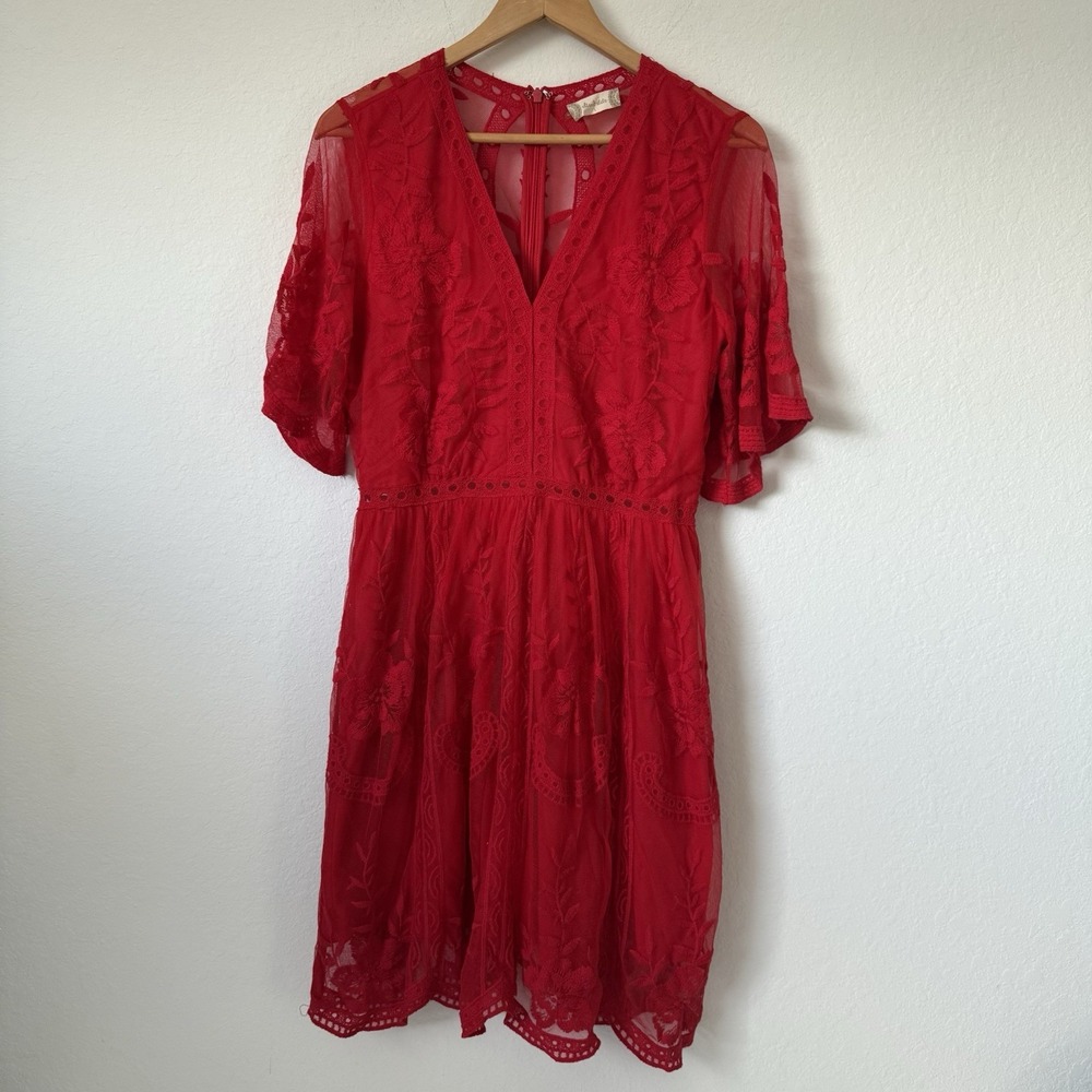 Altar'd State Red Embroidered Short Dress Womens L Boho Lace Wedding Guest